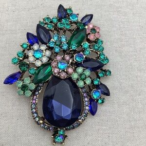 Floral Elegance Blue and Green Gemstone Brooch